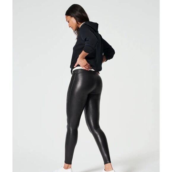 SPANX Faux Leather Black Power Waistband High Waist Leggings Womens Small 2437 - Picture 2 of 13